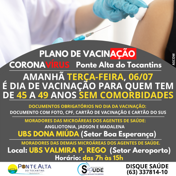 A Secretaria Municipal de Saúde iniciará a vacinação contra o coronavírus em pessoas de 45 a 49  sem comorbidades