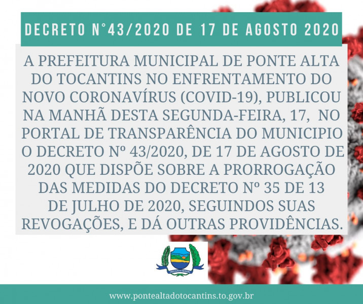 Prefeitura prorroga o Decreto nº 35/2020 de 13 de julho de 2020 de enfrentamento ao novo coronavírus